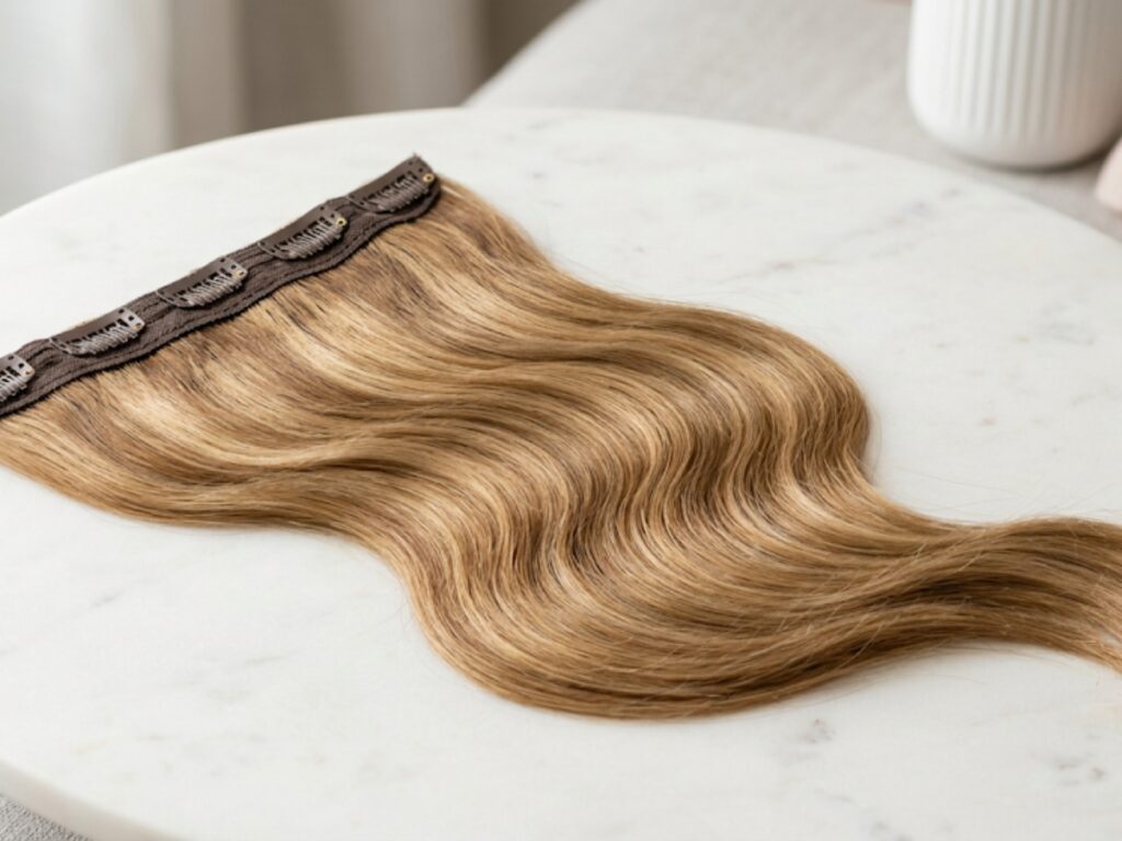 Blonde clip-in hair weft on marble
