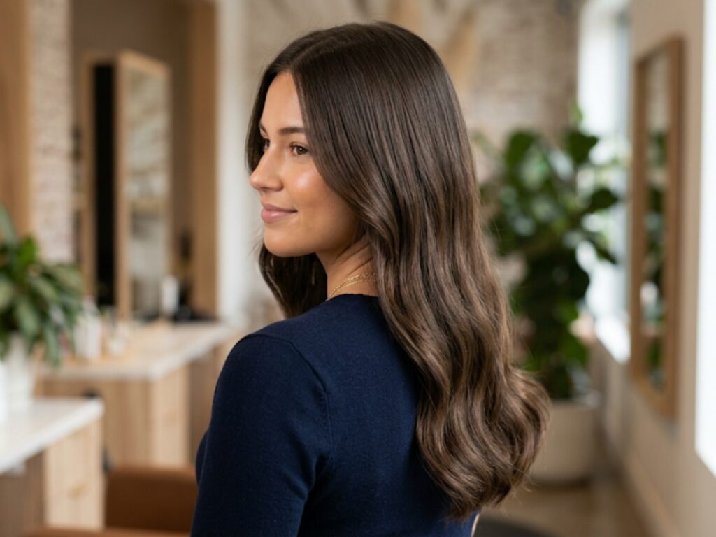 Profile of woman with long wavy brown hair