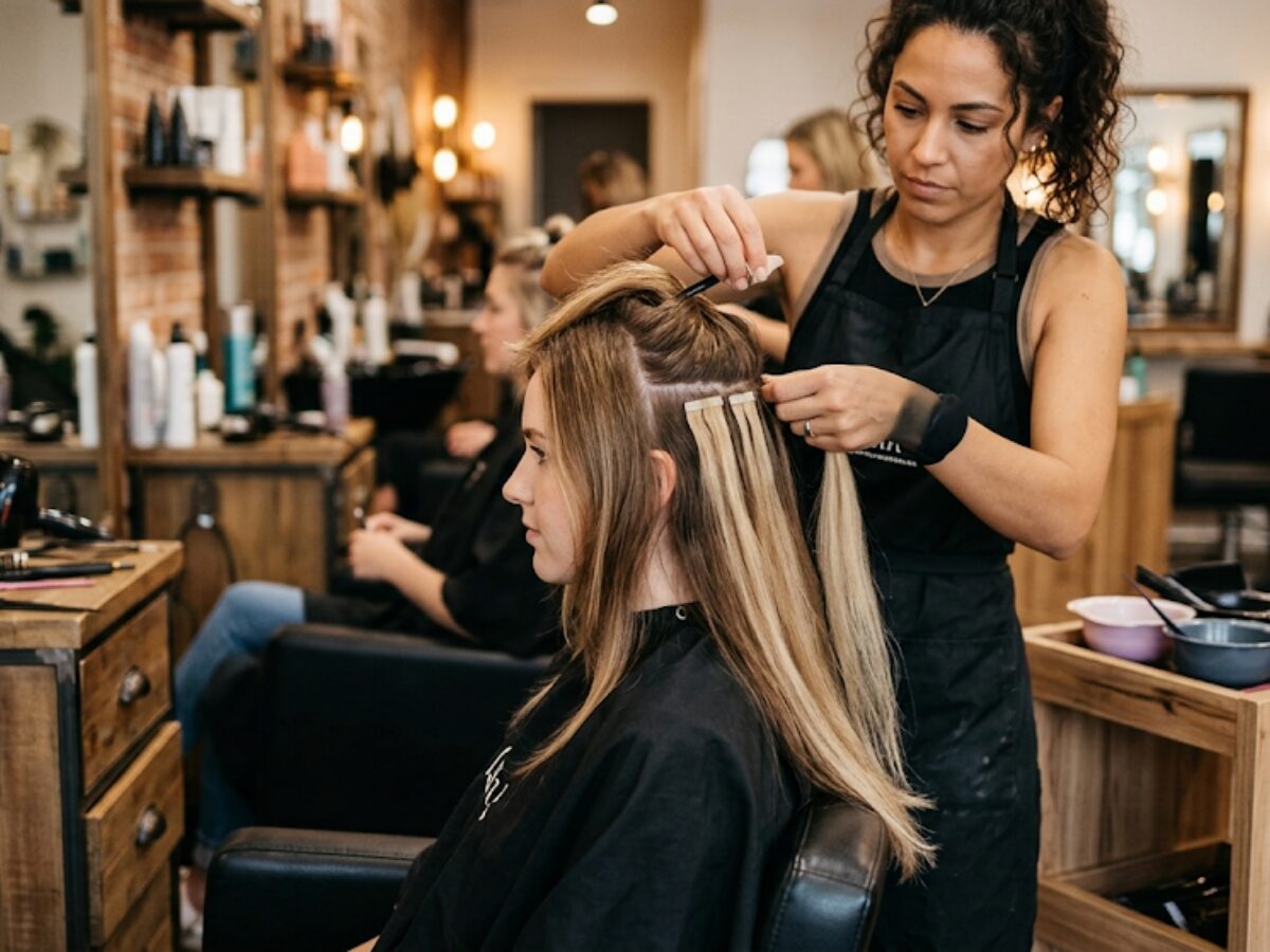 Hair stylist applying extensions to client