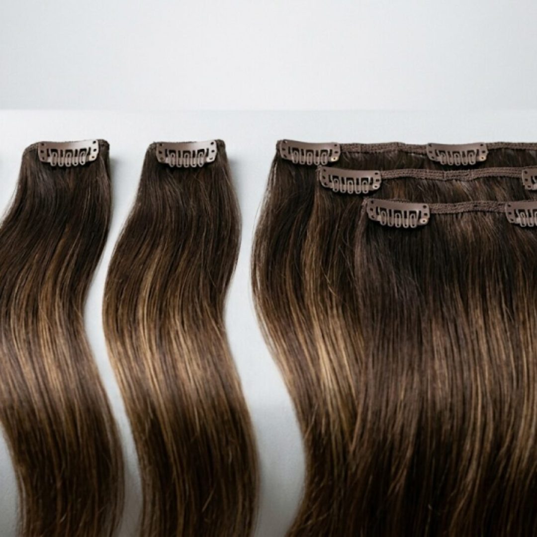 Set of clip-in brown ombre hair wefts