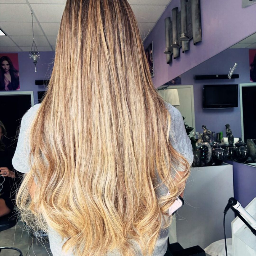 Back view of long highlighted hair